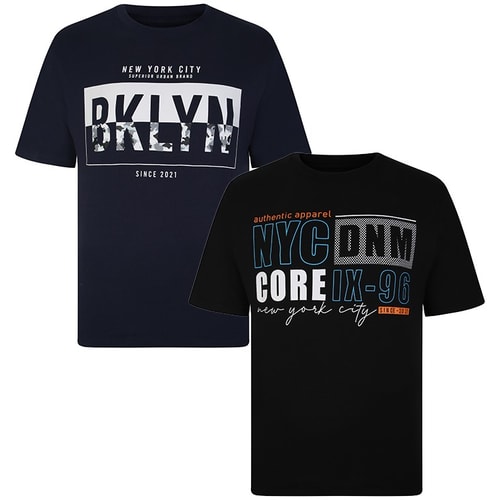 KAM Twin Pack NYC/Brooklyn Print T-Shirt Schwarz/Marineblau